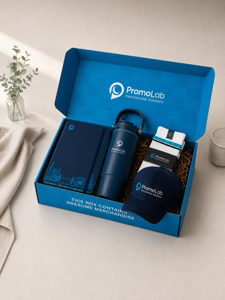 Open PromoLab merchandise gift box containing branded notebook, bottle, socks and baseball cap.